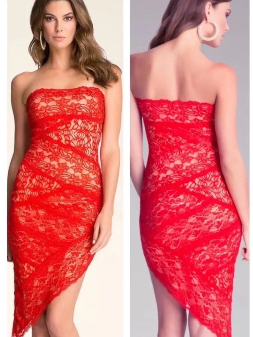 NWOT bebe Strapless Scalloped Lace Asymmetrical Hem Dress in Red